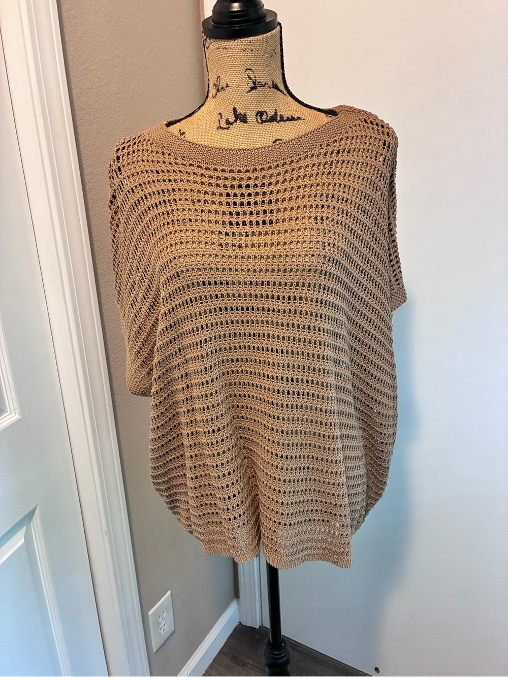 Max Studio Open-Knit Short Sleeve Sweater in Tan